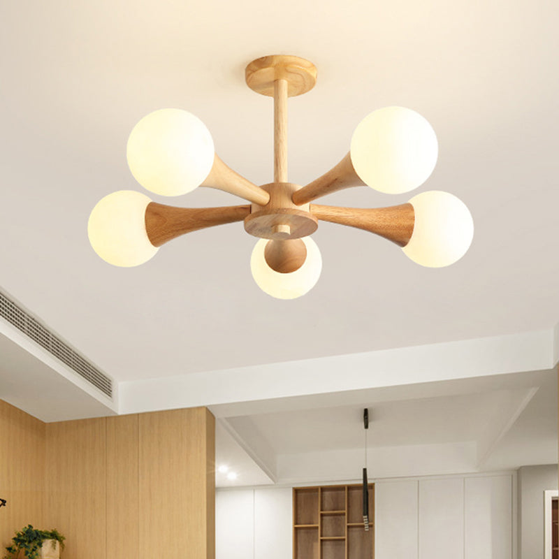 Rustic Japanese Wood Frame Glass Chandelier Light Fixture for Living Room