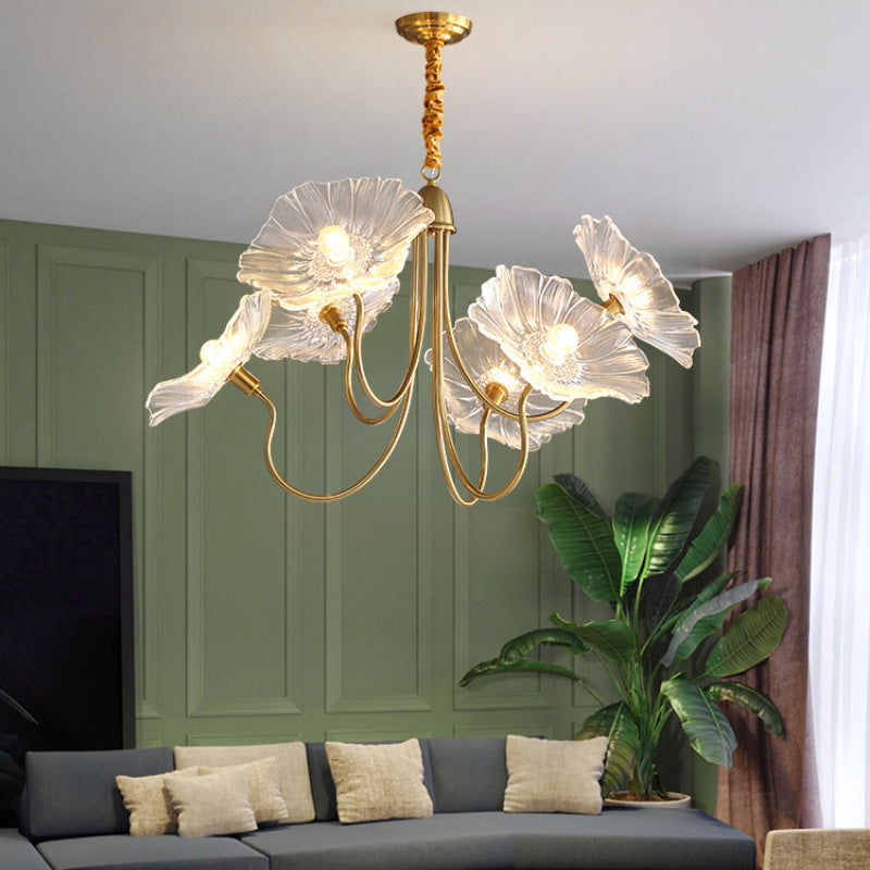 Vintage Gold Finished 6-Light Flower Glass Shade Chandelier for Bedroom