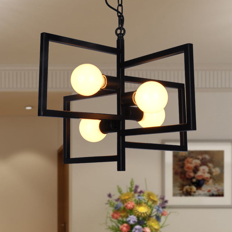 Minimalist Black Iron Square Chandelier with 4 Lights for Living Room