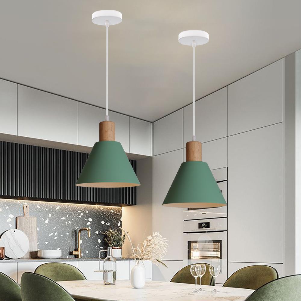 Vintage Iron and Wood Round Cone Pendant Light for Living Room Decor