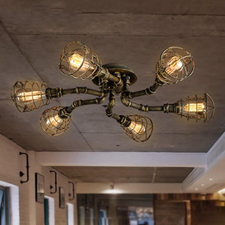 Rustic Industrial Vintage Iron 4/6/8-Light Round Flush Mount Fixture