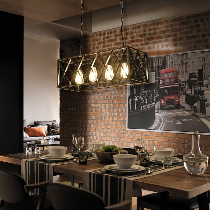 Rustic Black Iron Cage Rectangle Chandelier for Dining Room Island Light