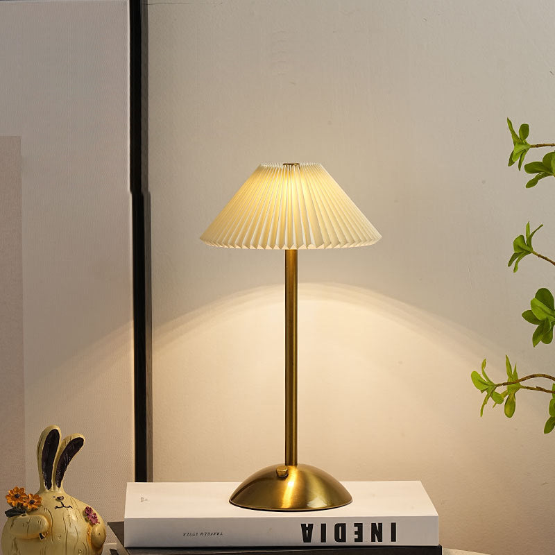 Modern Scandinavian Rechargeable Conic Pleated Fabric Table Lamp for Bedroom
