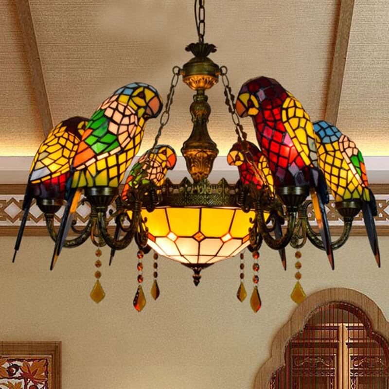 Vibrant Tiffany Stained Glass Parrot 8-Light Chandelier for Living Room