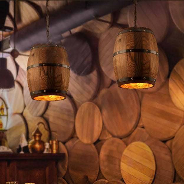 Rustic Round Iron & Wood Wine Barrel 1-Light Pendant for Dining Room