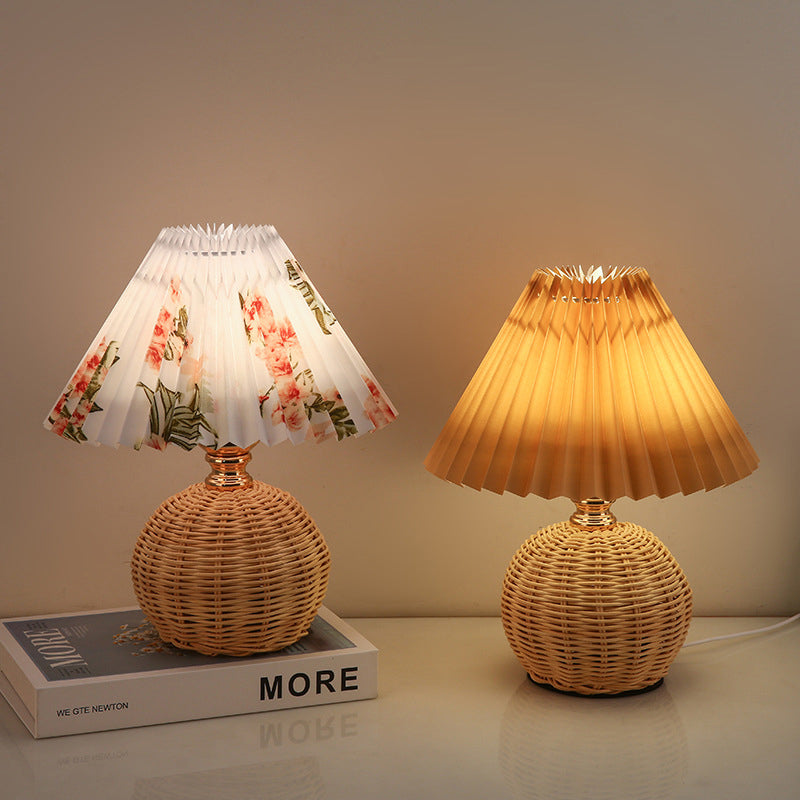 Scandinavian Rattan Pleated Conic LED Table Lamp for Modern Bedrooms