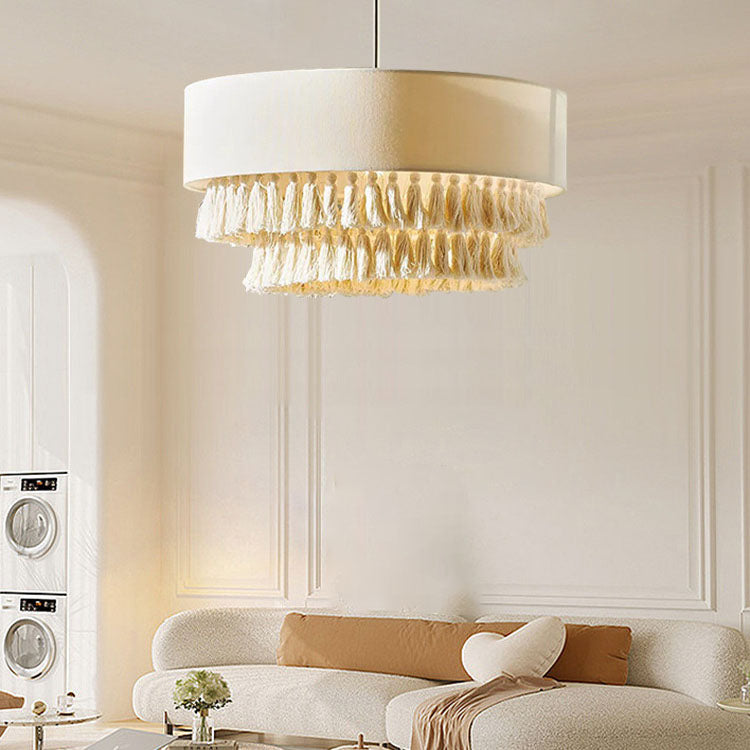 Bohemian Fabric Cylinder Tassel Chandelier Light for Living Room Decor
