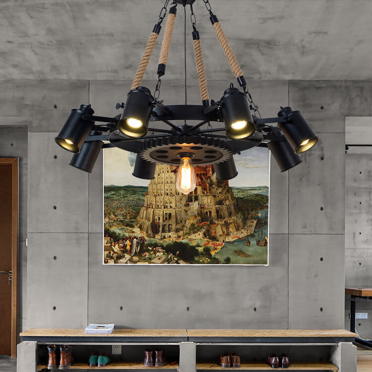 Industrial Retro Wrought Iron Hemp Rope Chandelier for Living Room