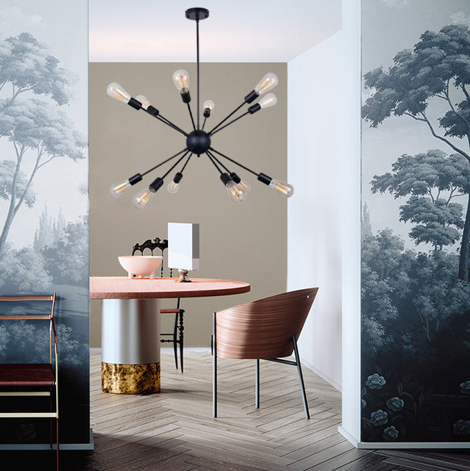 Industrial Black Iron 12-Light Orb Chandelier for Modern Living Room