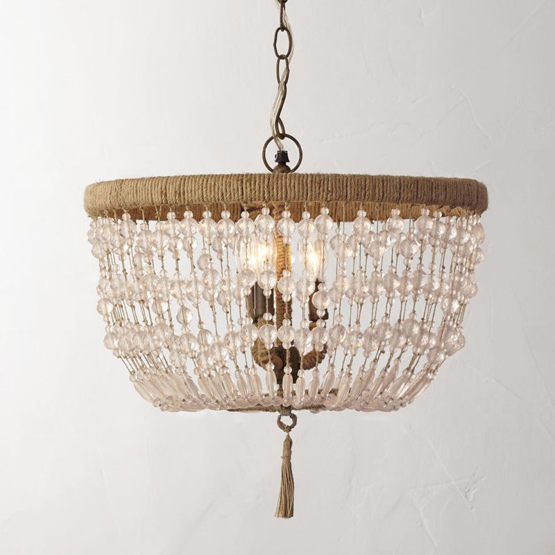 Rustic Round Hemp Rope Crystal 3-Light Chandelier for Living Room Décor