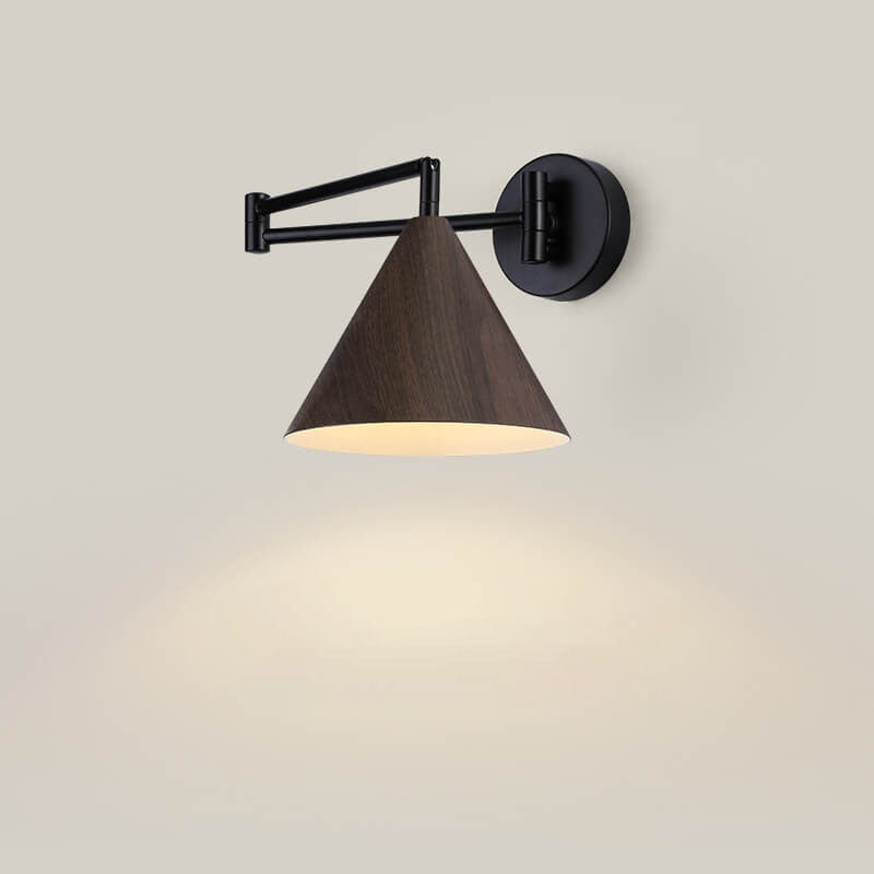 Modern Wood Grain Iron Cone Swing Arm Wall Sconce for Bedroom Decor