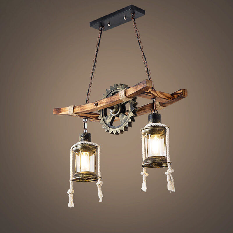 Rustic Industrial 2-Light Wooden and Metal Chandelier for Kitchen Island