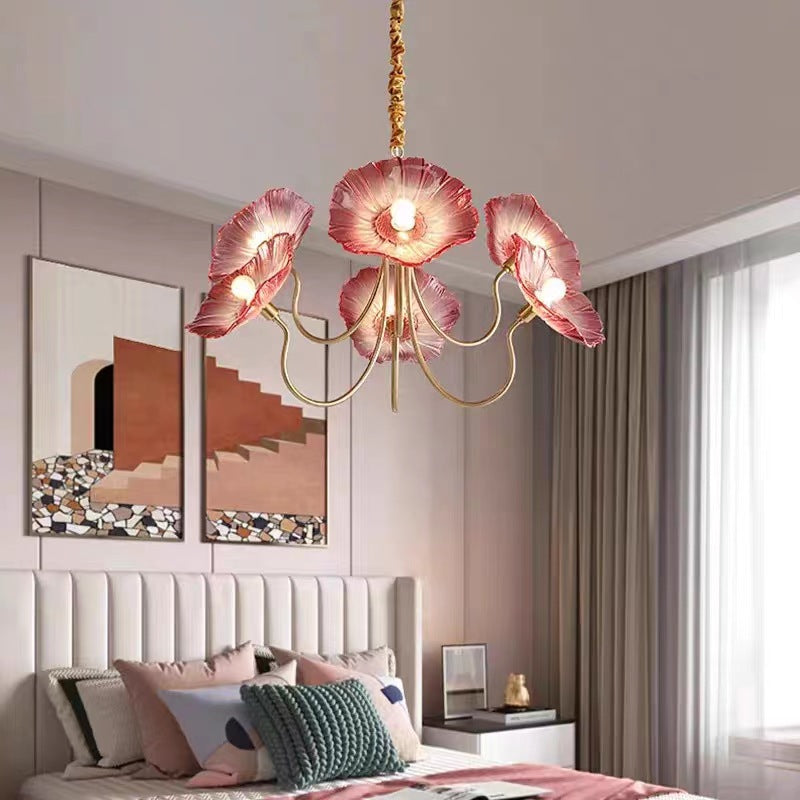 Art Deco Gold-Finish Lotus Leaf Glass Shade Chandelier for Living Room