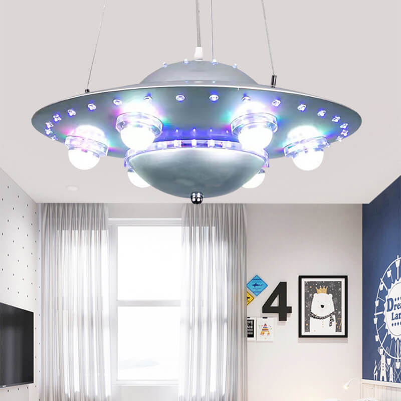 Kids' Modern Spaceship LED Chandelier in Iron & Glass for Bedroom Decor