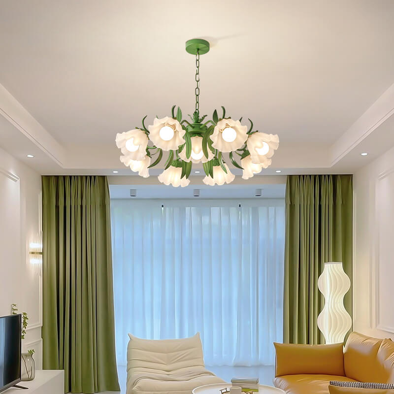 Modern Black Iron & Glass Bell Orchid Chandelier for Living Room 4-9 Lights
