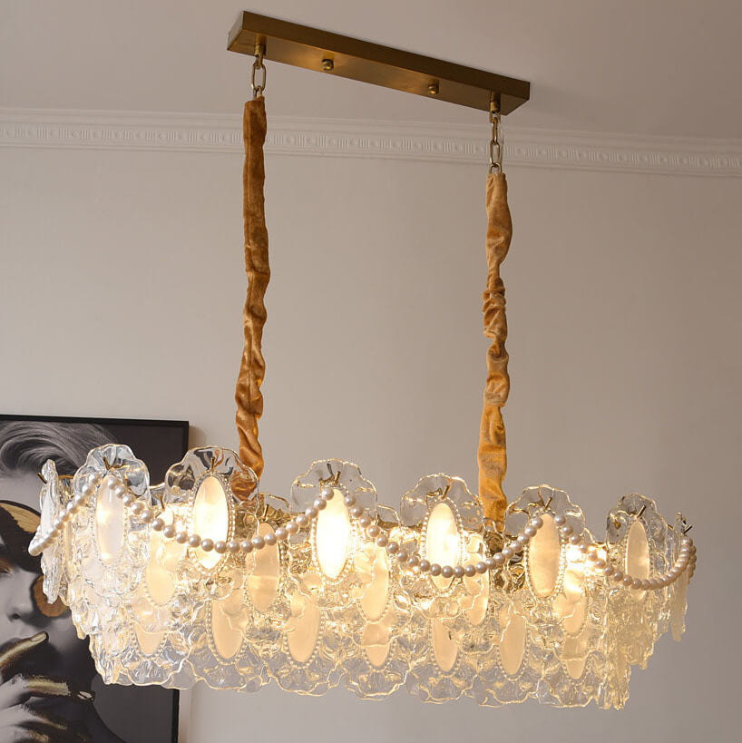 Elegant French Rectangular Pearl Iron Glass 8-Light Chandelier for Living Room