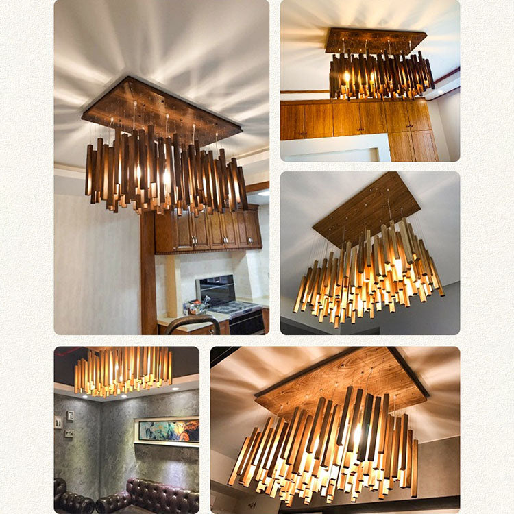 Rustic Wooden 8-Light Rectangular Island Chandelier for Dining Room