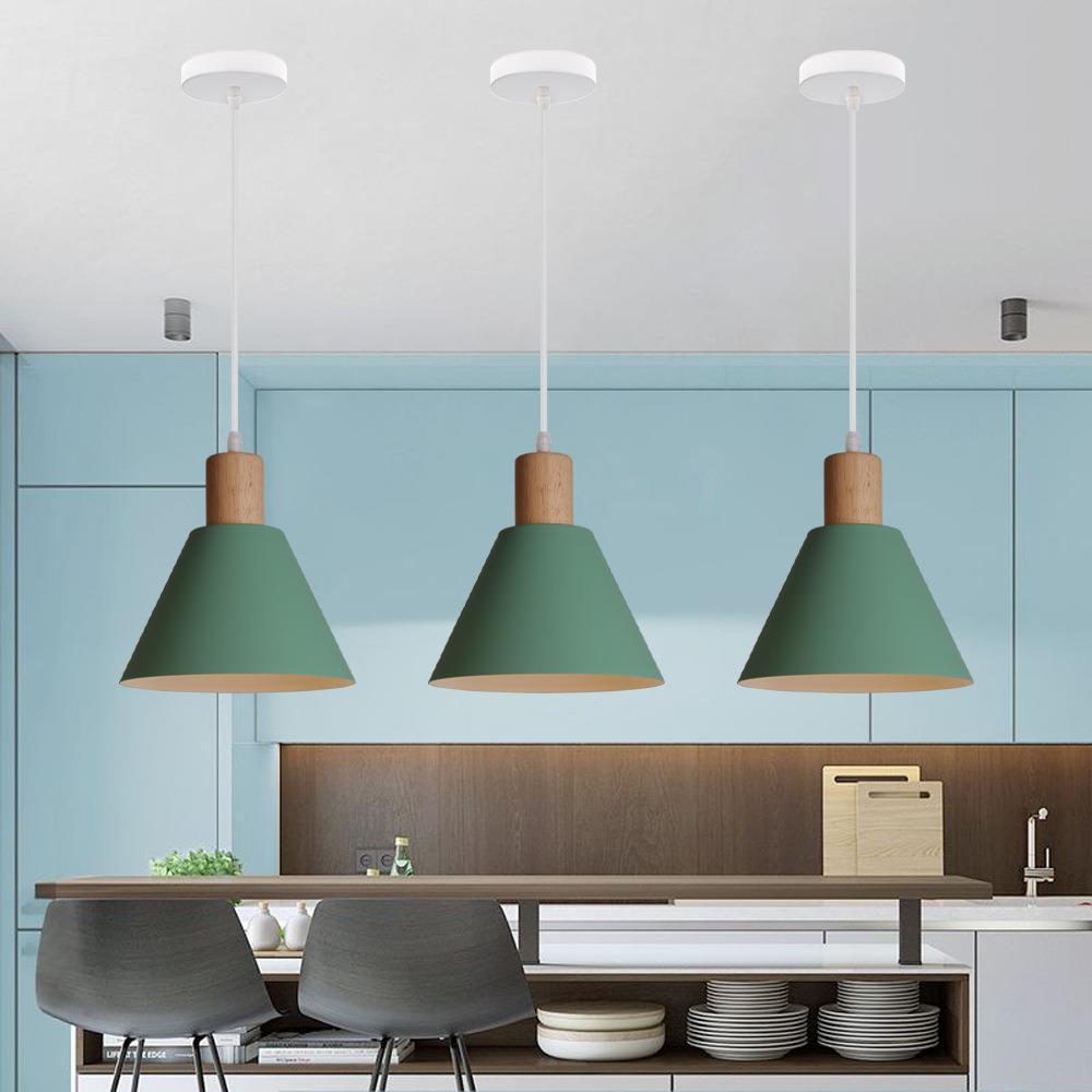 Vintage Iron and Wood Round Cone Pendant Light for Living Room Decor