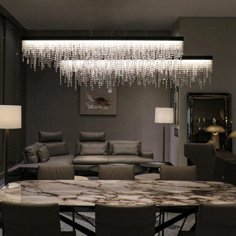 Elegant Silver Stainless Steel Rectangular Crystal LED Chandelier for Dining Room