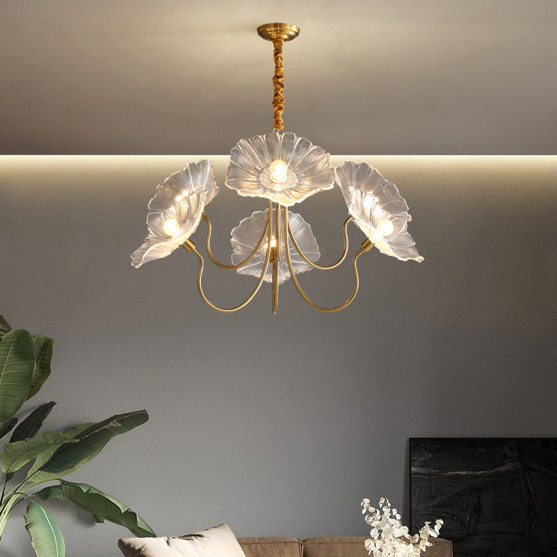 Art Deco Gold-Finish Lotus Leaf Glass Shade Chandelier for Living Room
