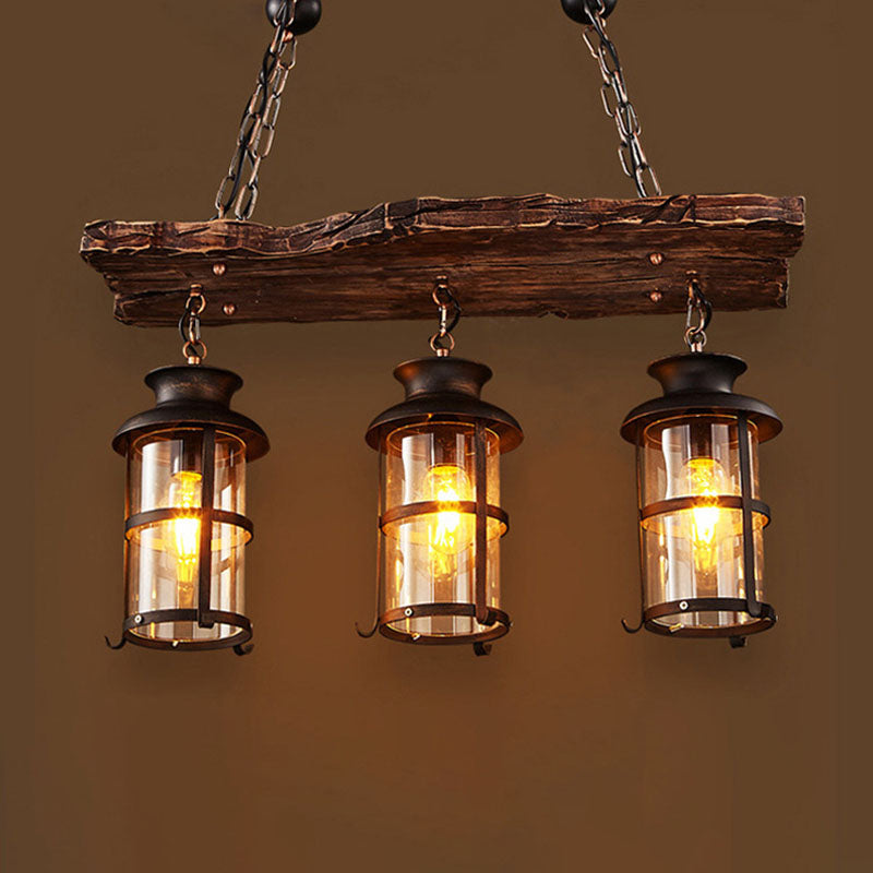 Rustic Wooden Strip Iron 3-Light Chandelier for Farmhouse Dining Room