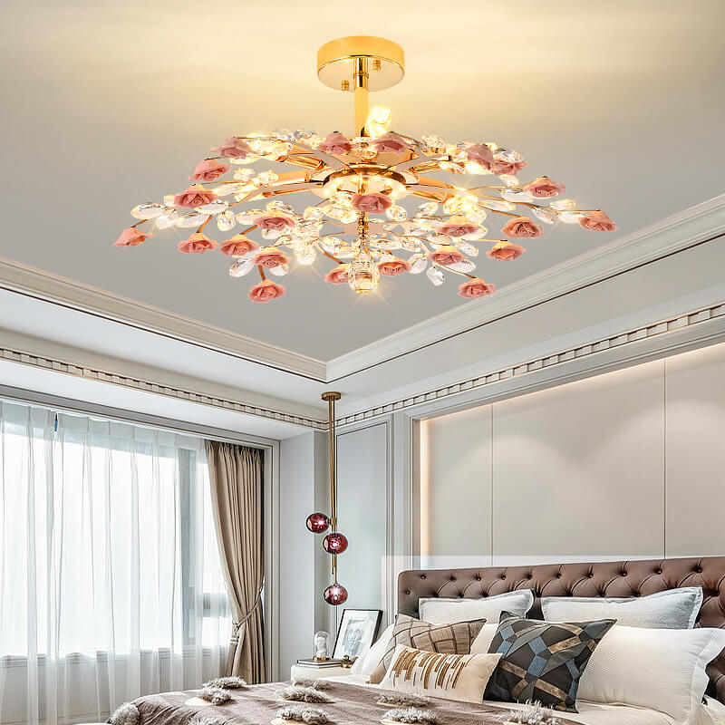 Elegant Rose Gold Iron Ceramic Crystal Chandelier for Dining Room