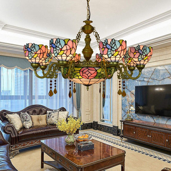 Vintage Tiffany-Style Floral Dome Iron Glass Chandelier for Living Room