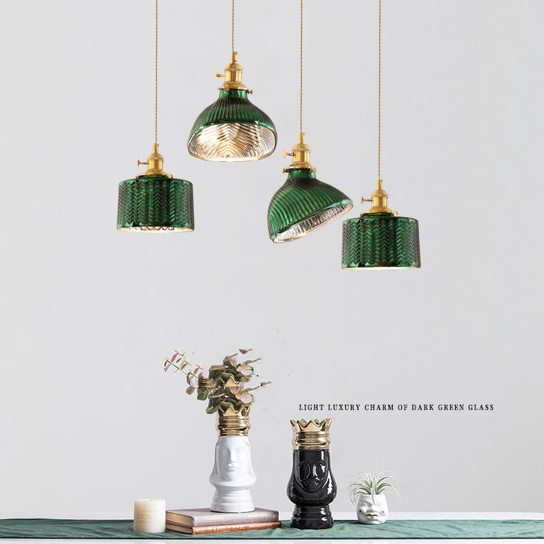 Vintage Green Brass Glass Chandelier Pendant Light for Kitchen Island