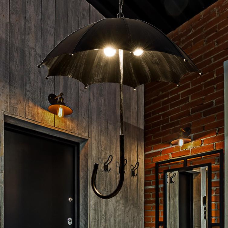 Industrial Style Black Iron 5-Light Round Umbrella Chandelier for Living Room