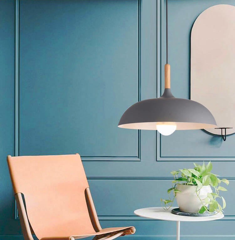 Sleek Black Metal and Wood Dome Pendant Light for Kitchen or Dining Room