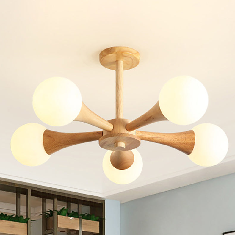 Rustic Japanese Wood Frame Glass Chandelier Light Fixture for Living Room