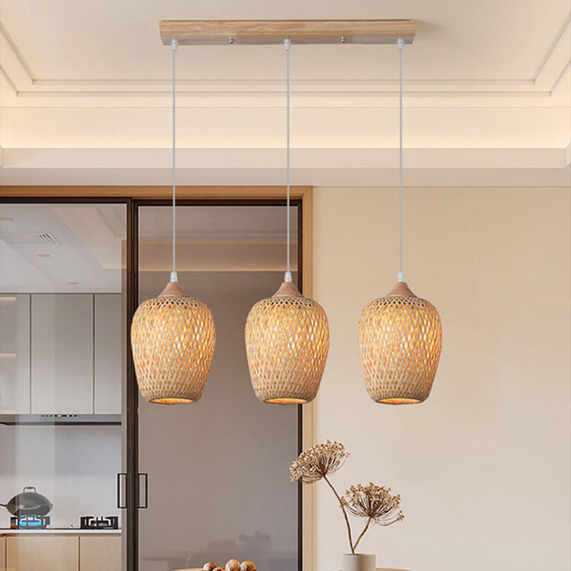 Modern Bamboo Woven Cylinder Chandelier Pendant Light for Living Room