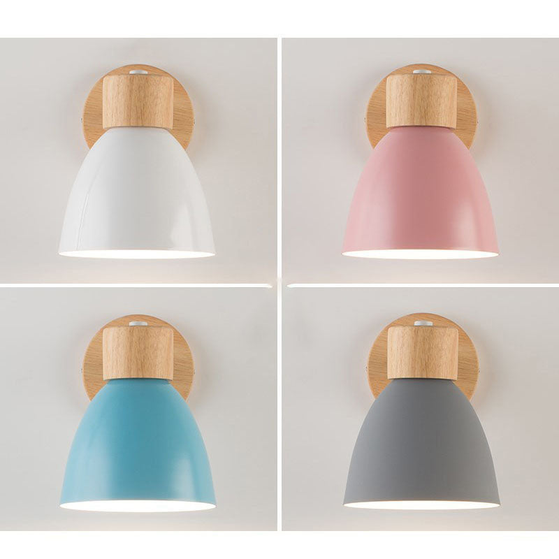 Modern Minimalist Solid Color Macaron Iron Wood Wall Sconce for Bedroom