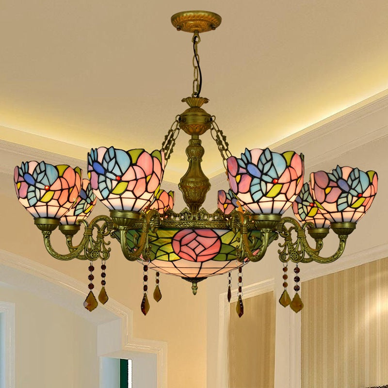 Vintage Tiffany-Style Floral Dome Iron Glass Chandelier for Living Room