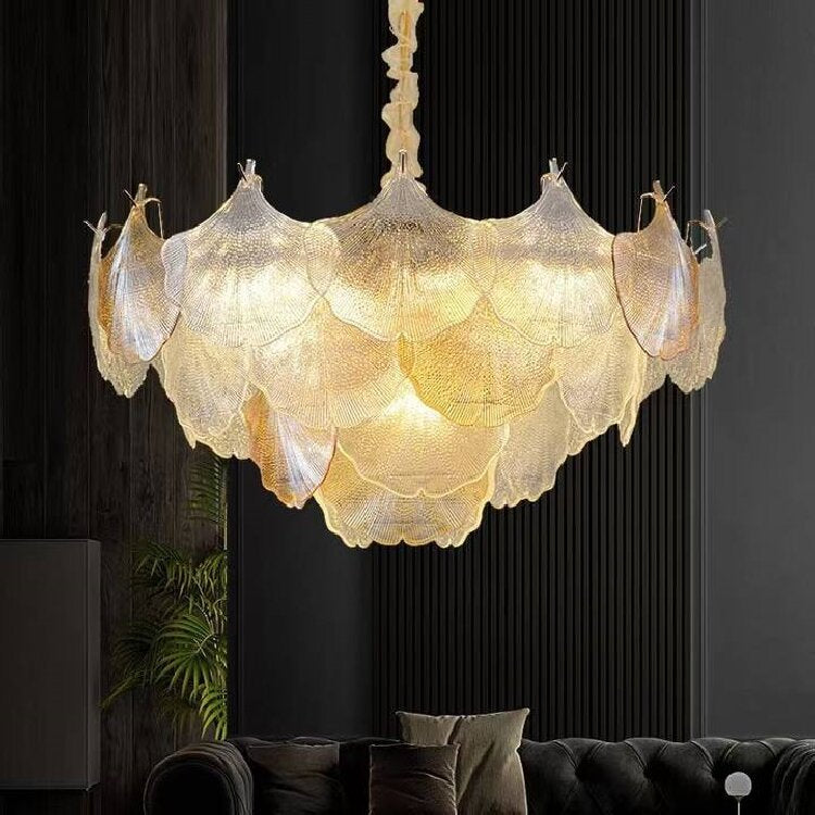 Elegant French Ginkgo Leaf Iron and Glass Chandelier for Living Room