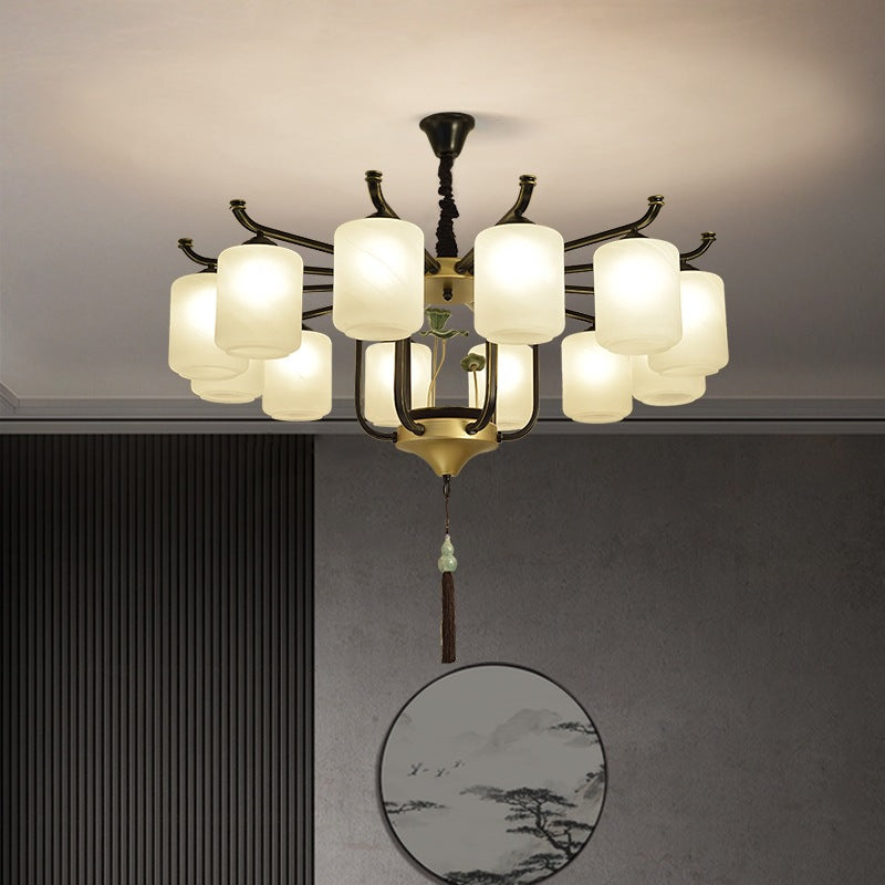 Elegant Traditional Chinese Iron Frame Chandelier with Glass Shade for Living Room