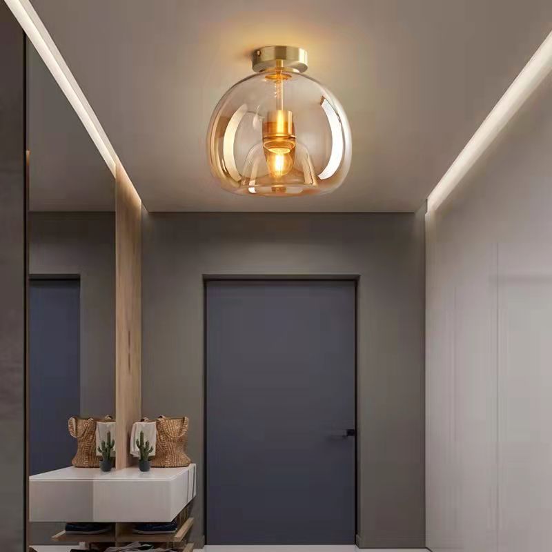 Modern Nordic Round Glass and Iron Semi-Flush Mount Ceiling Light for Living Room