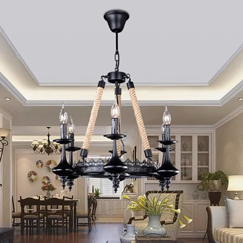 Rustic Iron and Hemp Rope Round Candelabra Chandelier for Living Room