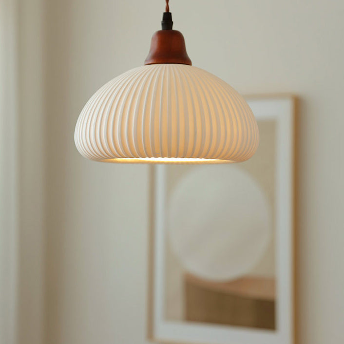 Japanese Ceramic Pleated Dome Pendant Light in Wood & Iron for Home