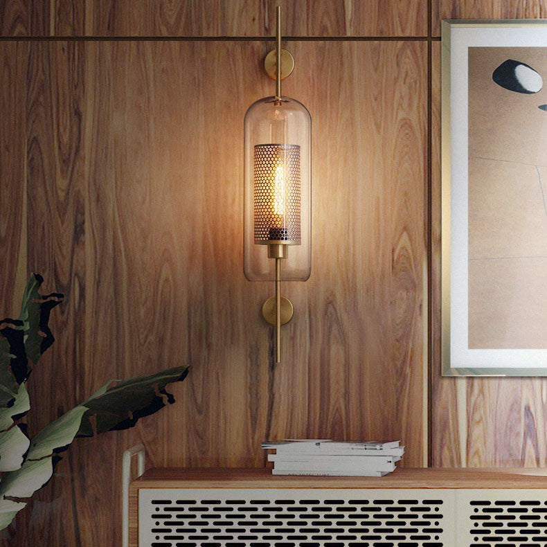 Industrial Iron Frame Wall Sconce with Cylinder Glass Shade for Bedroom