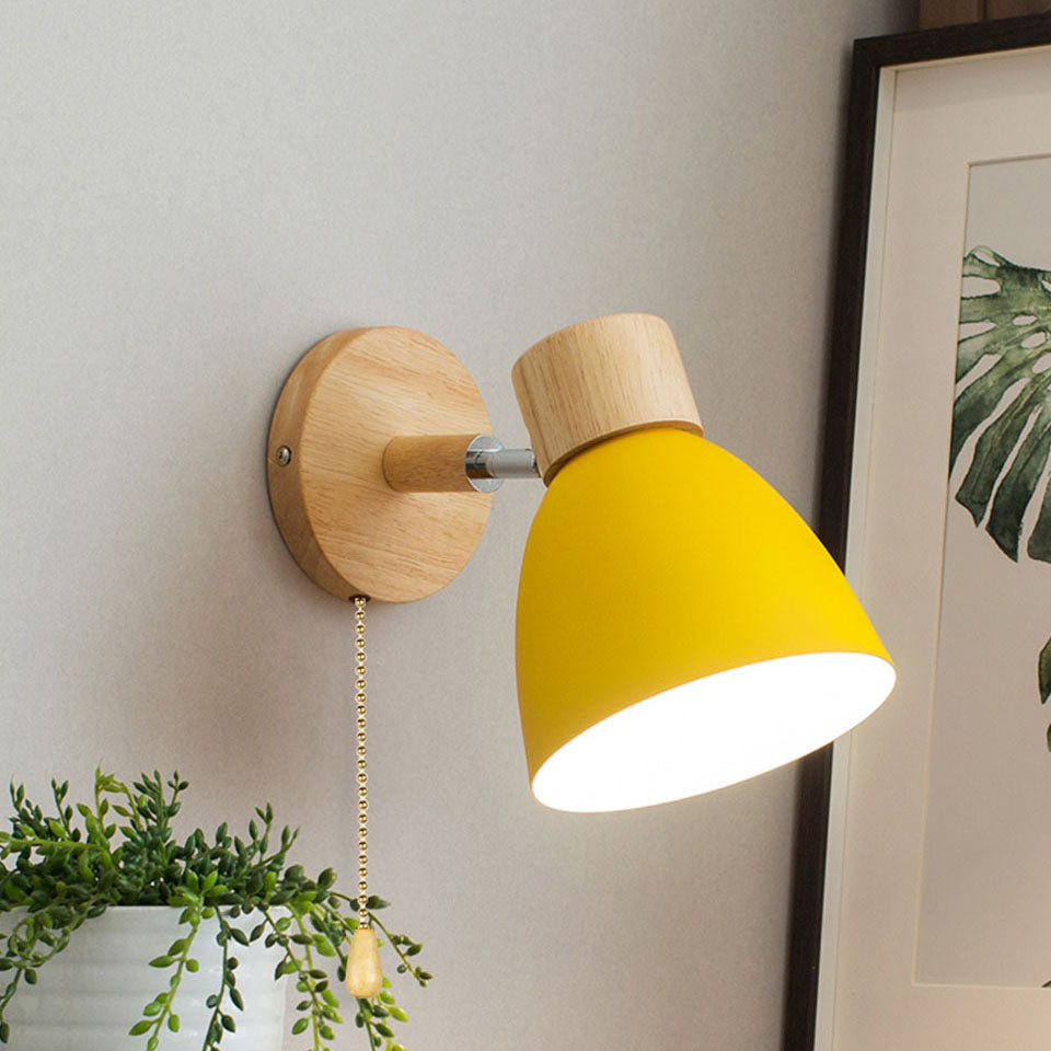 Modern Minimalist Solid Color Macaron Iron Wood Wall Sconce for Bedroom