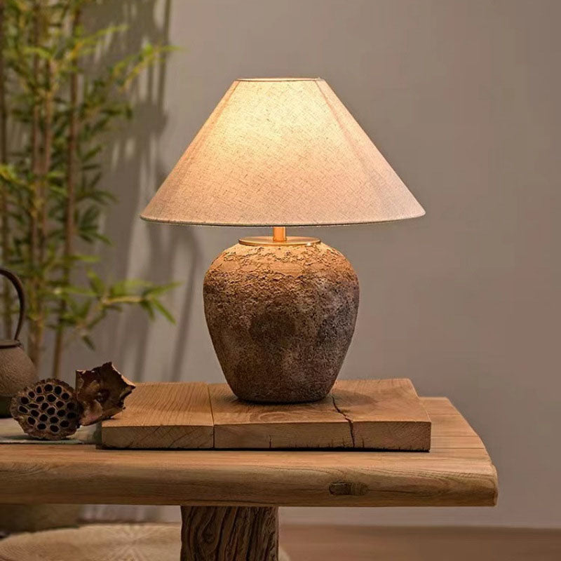 Rustic Shabby Chic Cone Fabric & Ceramic Table Lamp for Bedroom Decor
