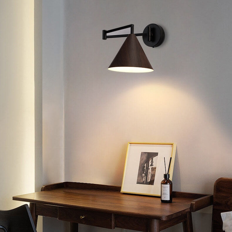 Modern Wood Grain Iron Cone Swing Arm Wall Sconce for Bedroom Decor