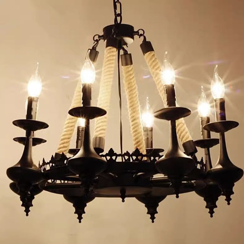 Rustic Iron and Hemp Rope Round Candelabra Chandelier for Living Room