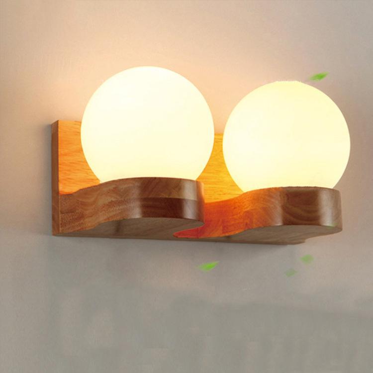 Modern Nordic Rubberwood Glass Ball 1/2-Light Wall Sconce for Bedroom