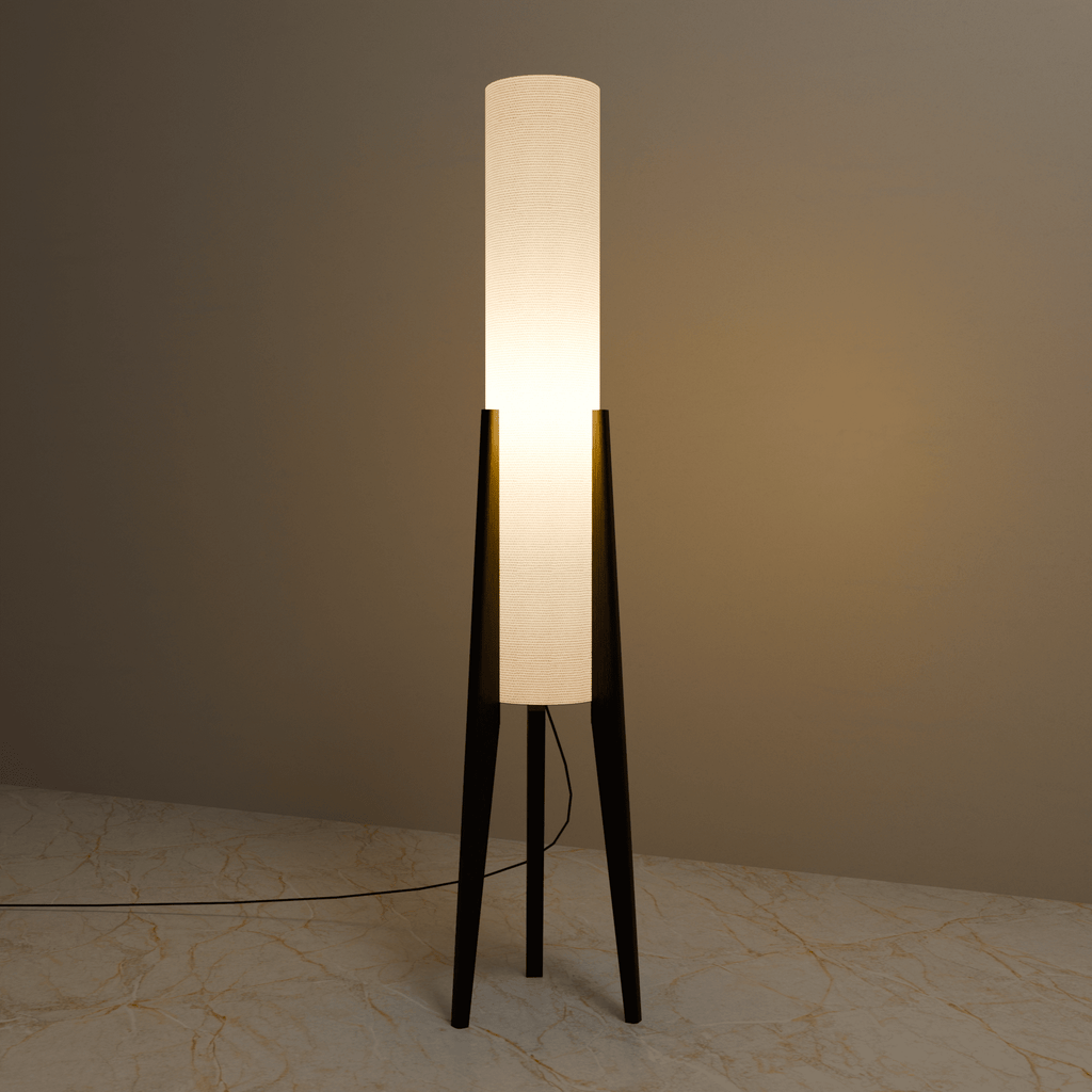Modern White Fabric Floor Lamp with Wooden Base for Living Room Use