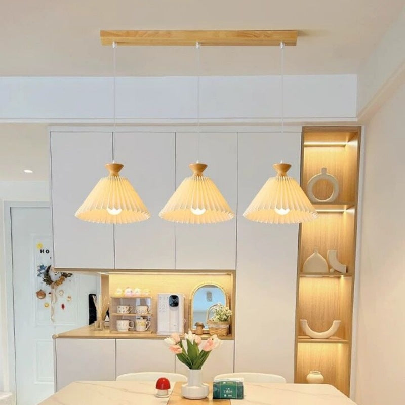 Traditional Japanese Pleated Cone Rubberwood Chandelier for Living Room