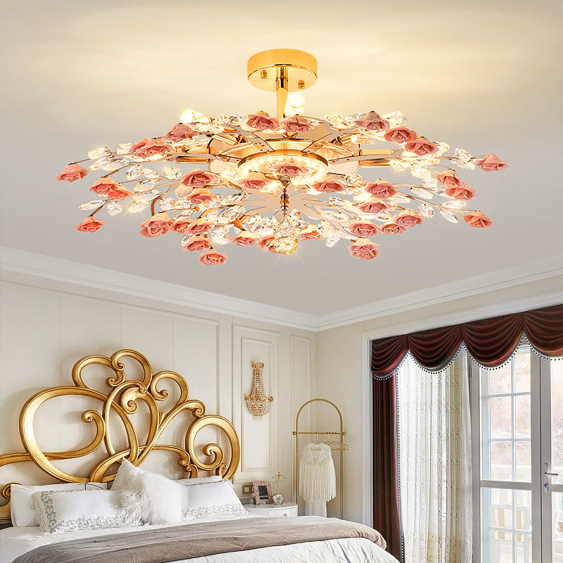 Elegant Rose Gold Iron Ceramic Crystal Chandelier for Dining Room
