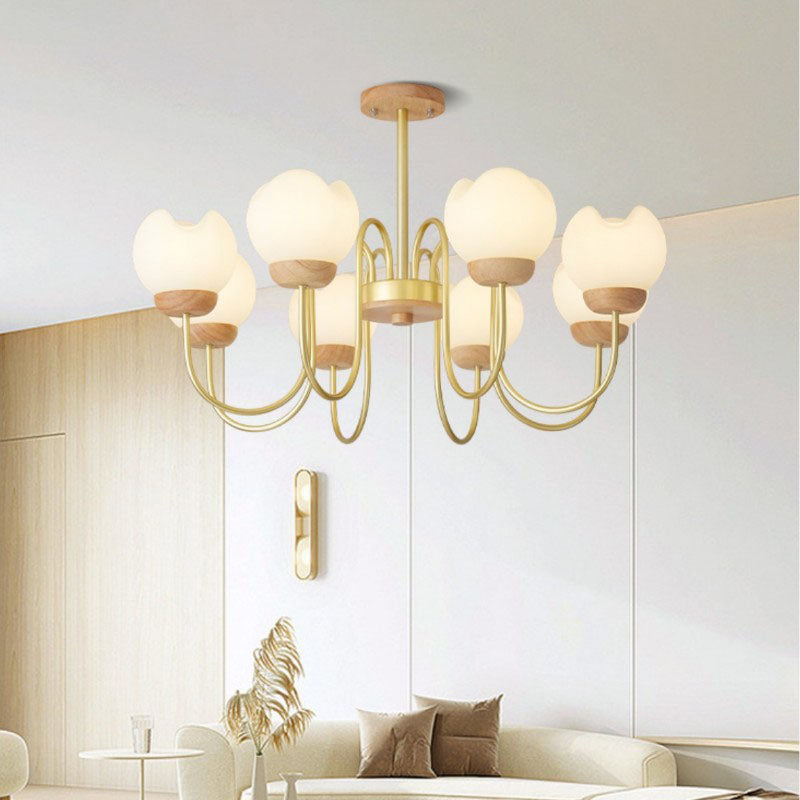 Modern Floral Metal and Rubberwood Chandelier Light for Living Room