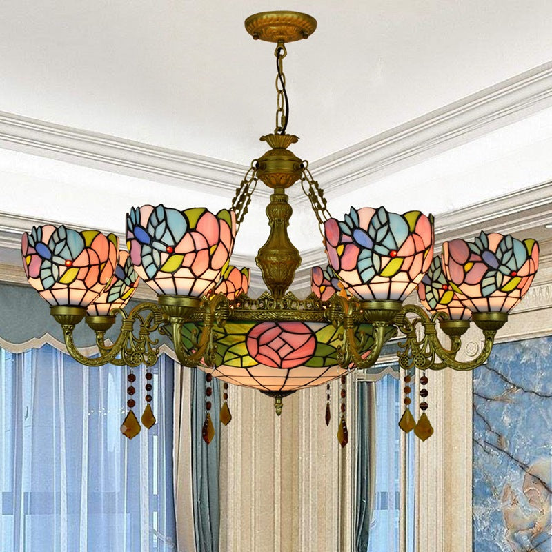 Vintage Tiffany-Style Floral Dome Iron Glass Chandelier for Living Room